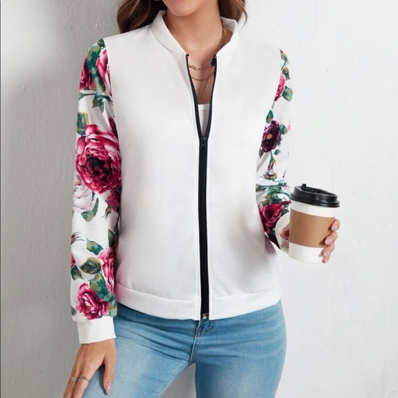 Casual Floral Print Zip-up Bomber Jacket - Picture 4 of 8